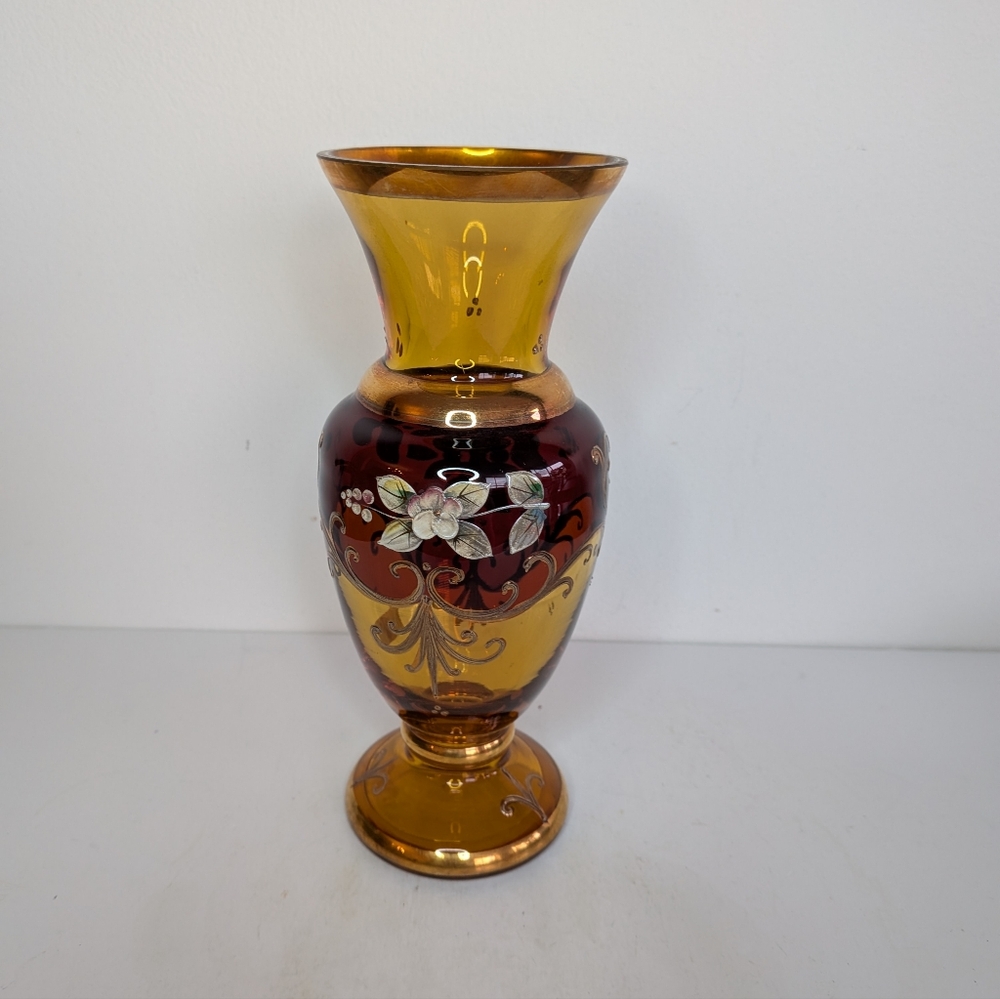 Amber glass Bohemian Hand Painted Flowers vase Gold Accent Czech Vtg Glass Art